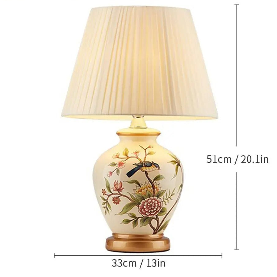 Lampe de chevet céramique à motifs floraux et oiseau