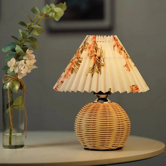 Lampe de Chevet en Rotin Tressé avec Abat-jour Tissu