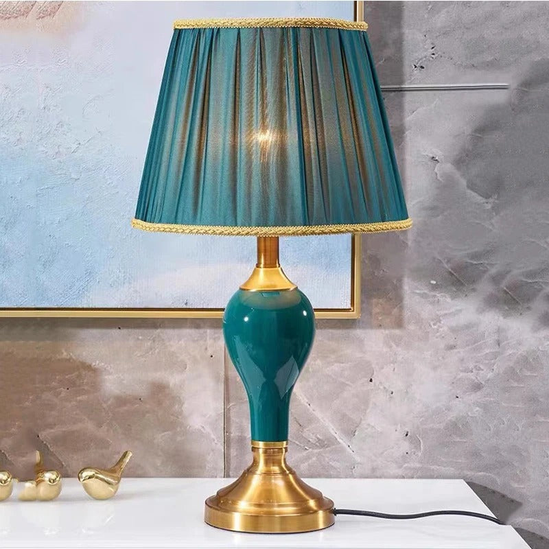 Lampe de Chevet Ancienne Céramique Verte et Dorée