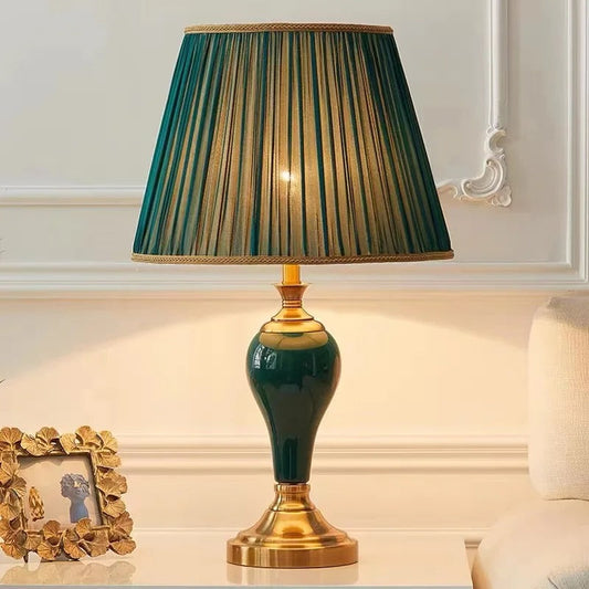 Lampe de Chevet Ancienne Céramique Verte et Dorée