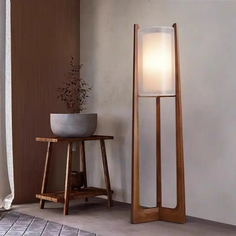 Lampadaire en Bois au Abat-jour Cylindrique Textile
