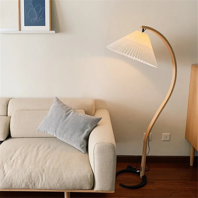 Lampadaire de Salon en Bois Massif et Abat-jour Tissu