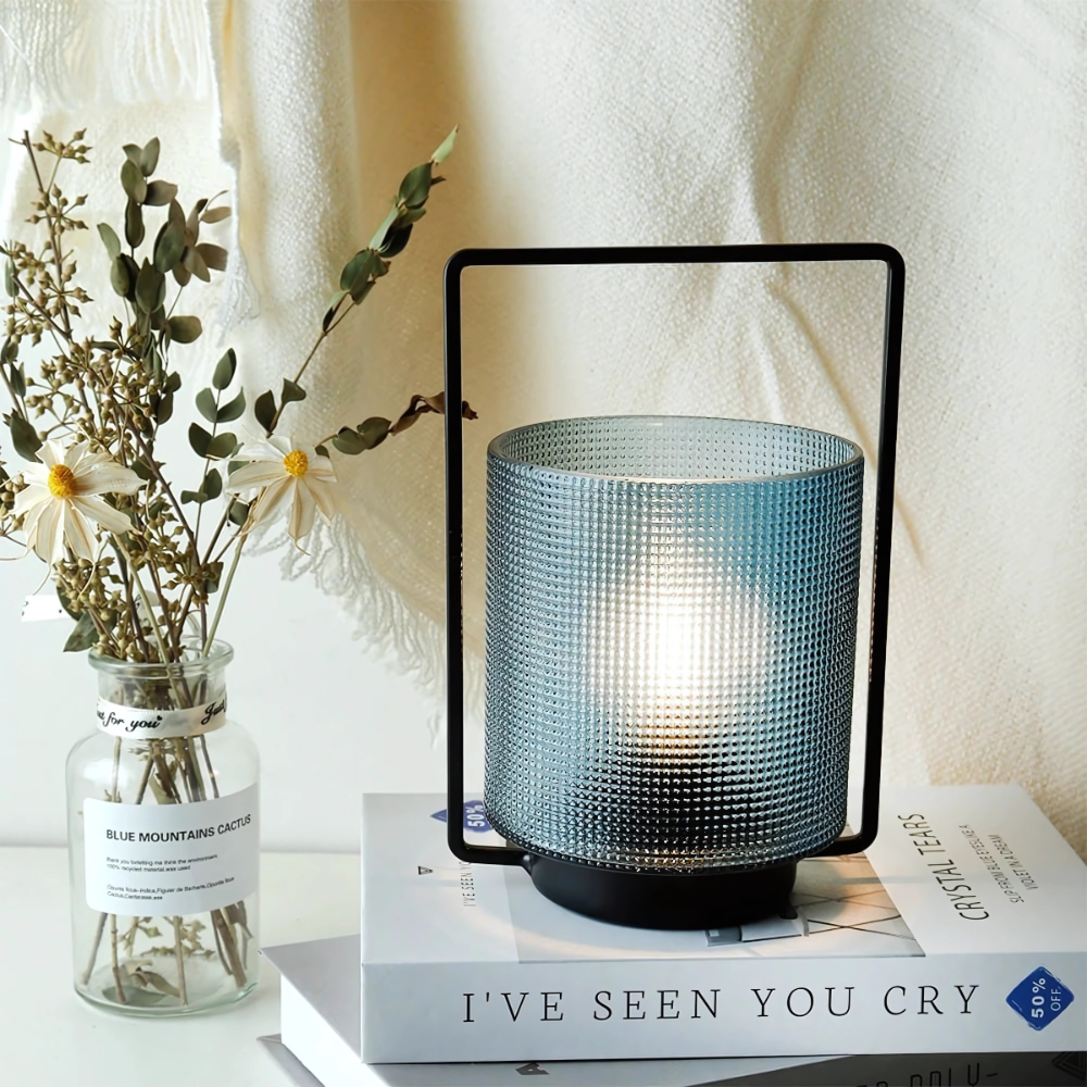 Lampe de Chevet à Piles en Verre Bleu et Métal Noir