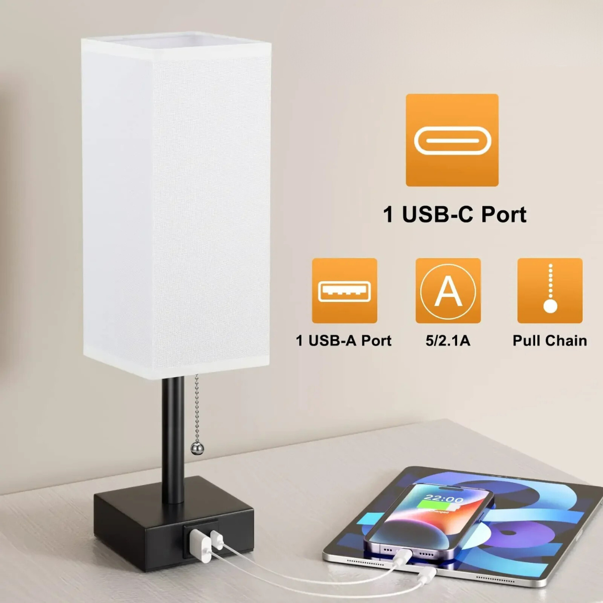 Lampe de chevet avec ports USB-A et USB-C intégrés