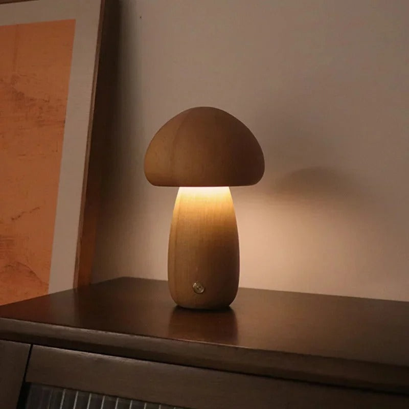 Lampe de Chevet Champignon en Bois avec Variateur Tactile