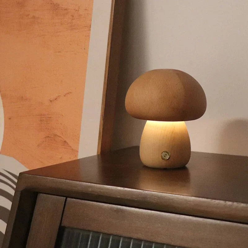 Lampe de Chevet Champignon en Bois avec Variateur Tactile