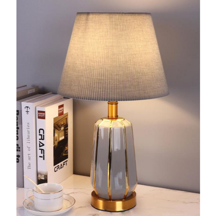 Lampe de Chevet Céramique Grise et Métal Doré