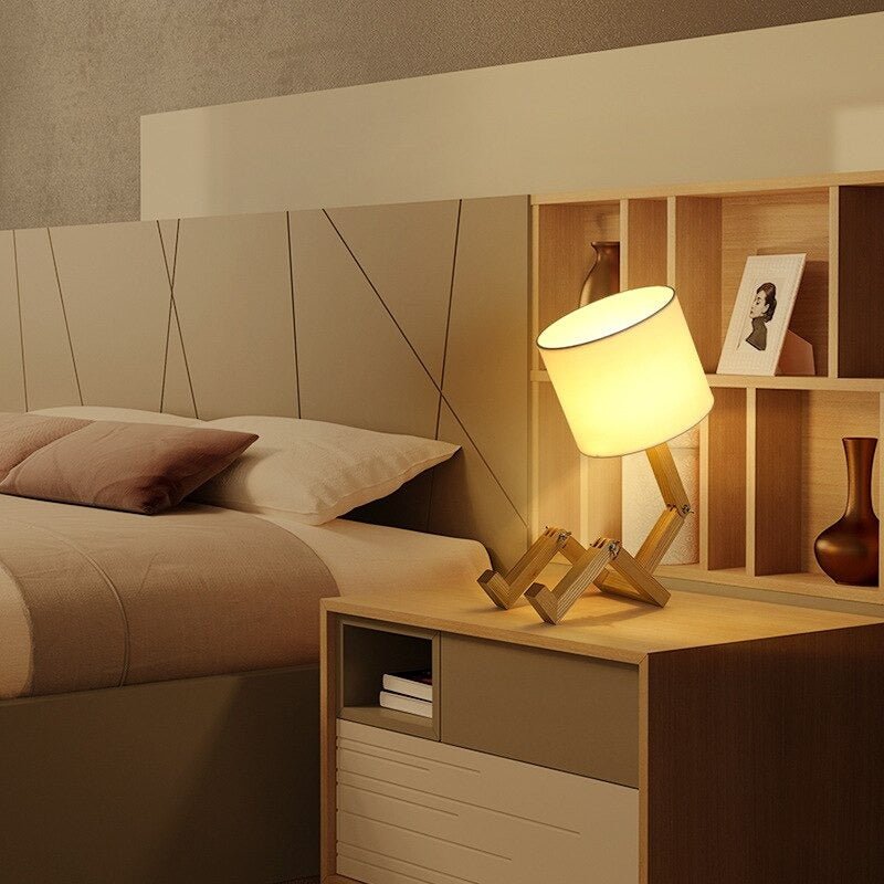 Lampe de Chevet Lecture en Bois et Abat-jour Tissu