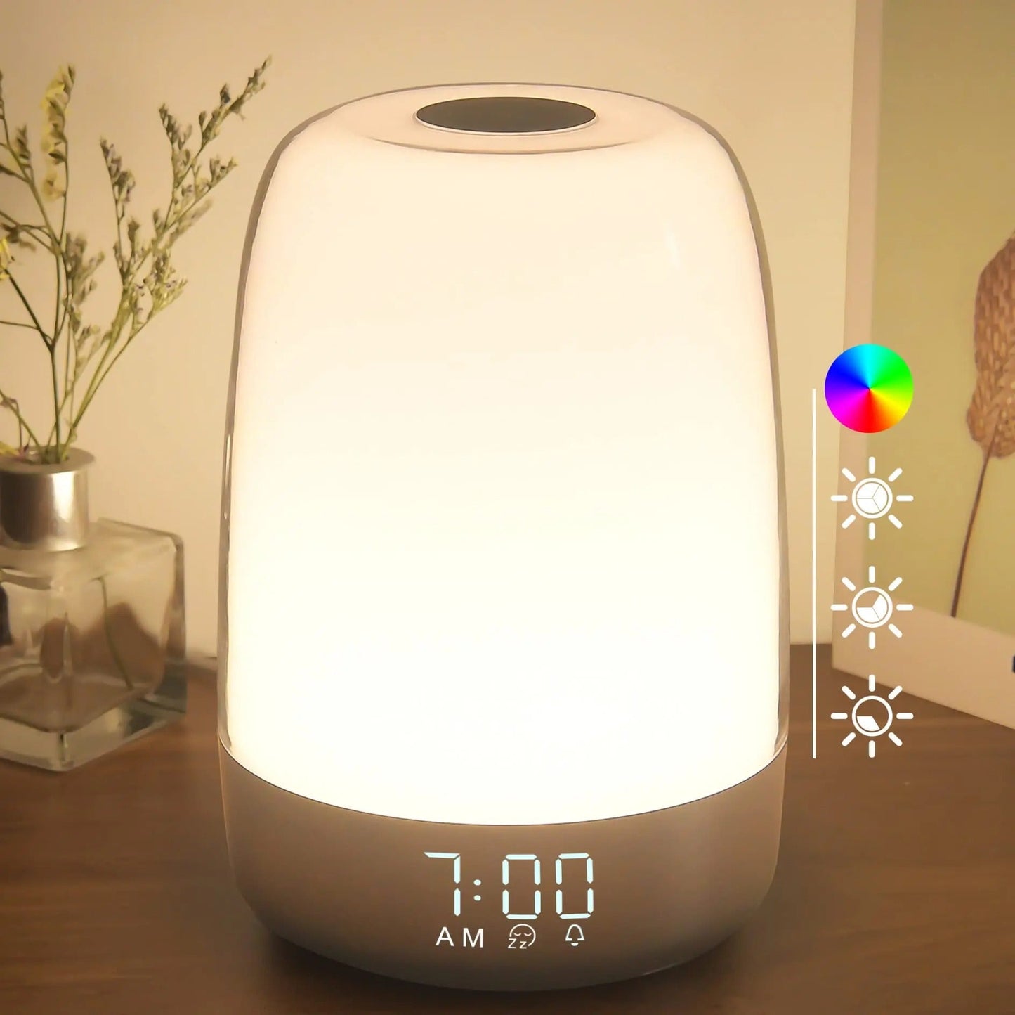Lampe de chevet avec réveil et simulation lever de soleil
