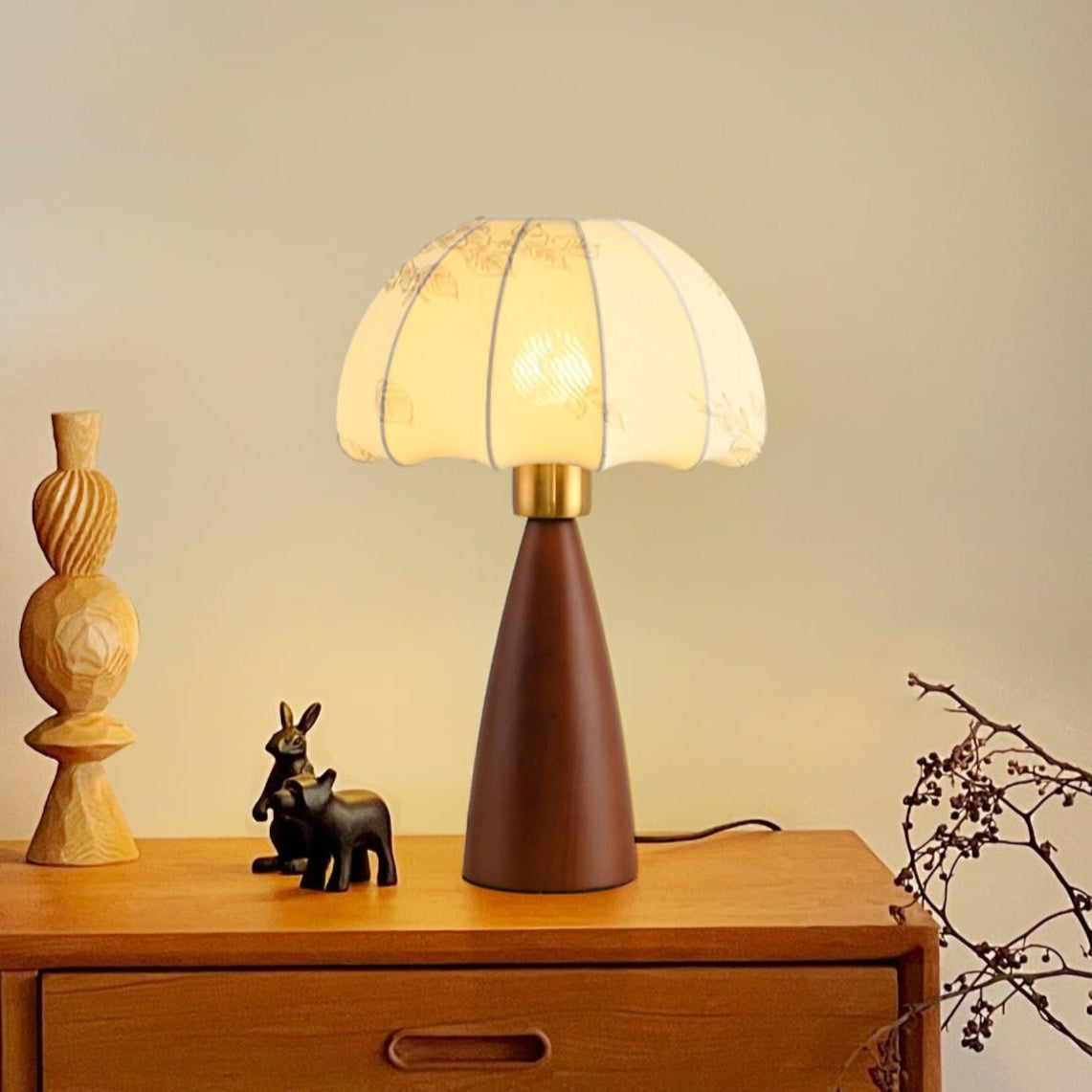 Lampe de Chevet Vintage en Bois et Abat-jour Tissu
