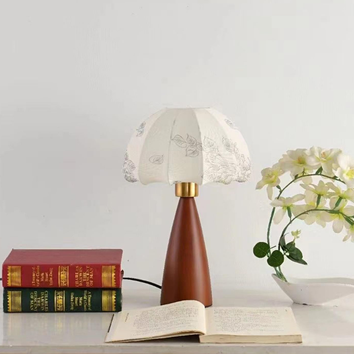 Lampe de Chevet Vintage en Bois et Abat-jour Tissu