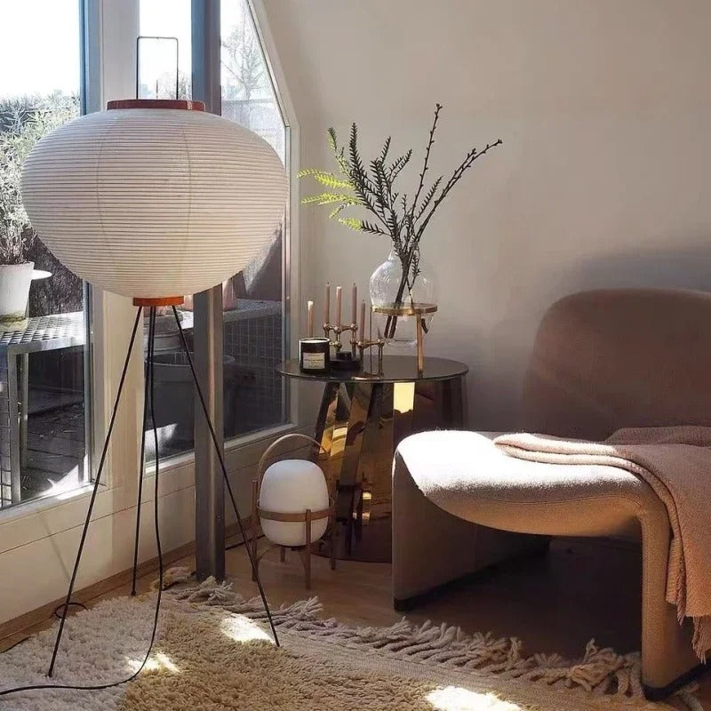 Lampe Japonaise sur Pied en Papier de Riz et Métal