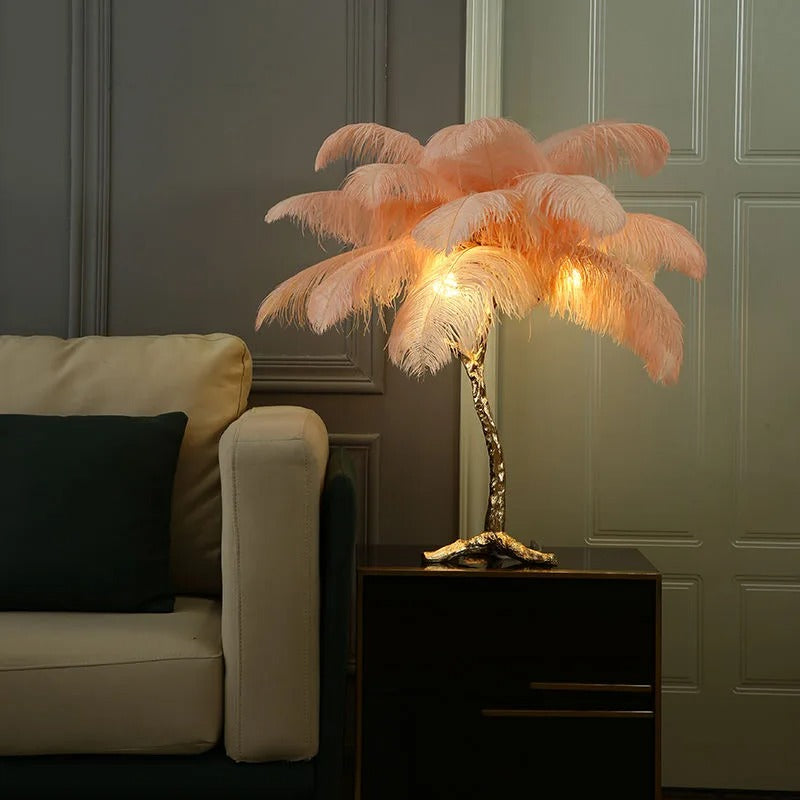 Lampe à Plumes d'Autruche – Pied Doré Décoratif