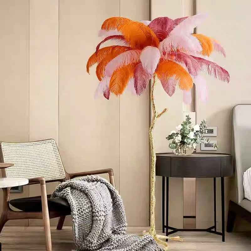 Lampe à Plumes d'Autruche – Pied Doré Décoratif