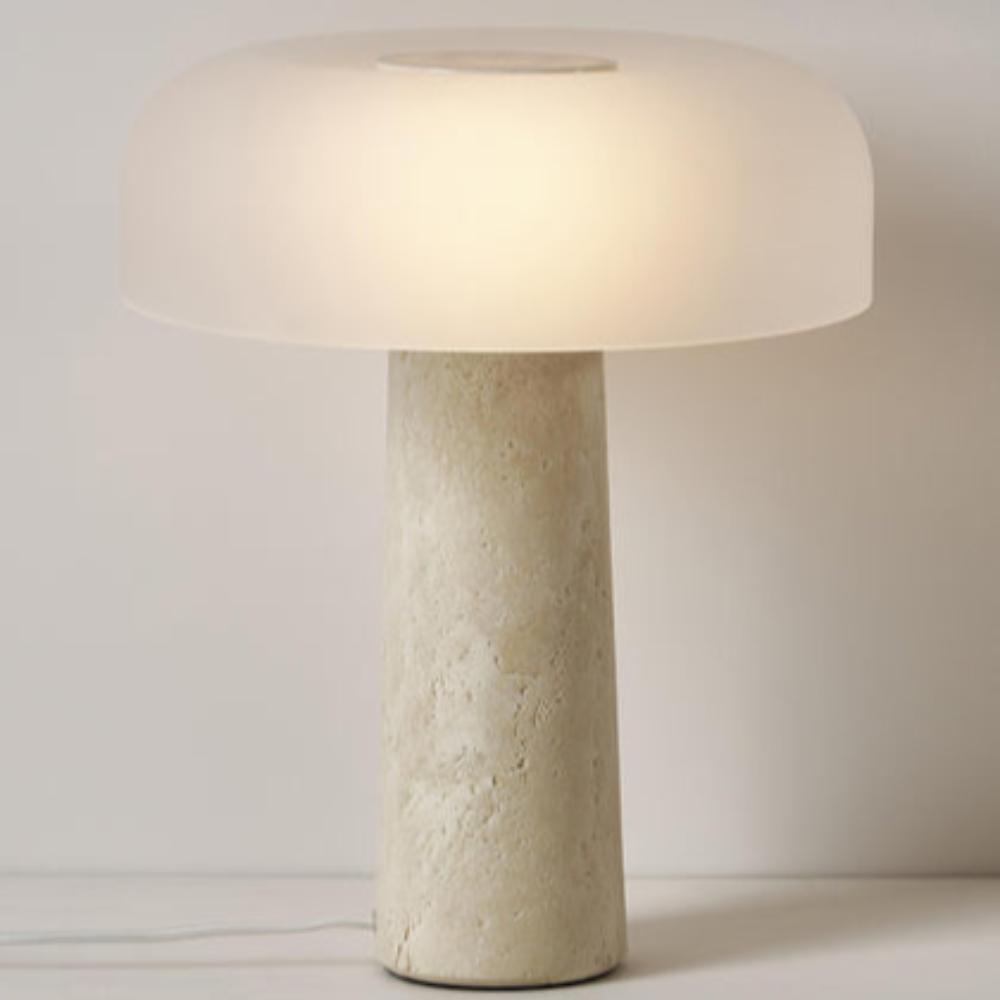 Lampe de chevet en travertin naturel et abat-jour en verre