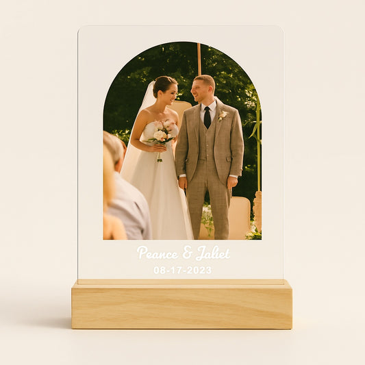 Lampe Photo Personnalisée – Base Bois et Plaque Acrylique