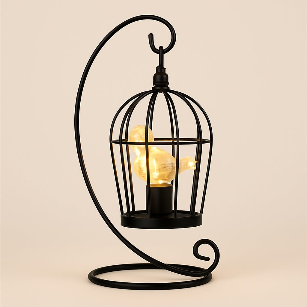Lampe Cage à Oiseau en Métal Noir – Fonctionne sur Piles