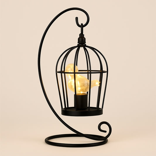 Lampe Cage à Oiseau en Métal Noir – Fonctionne sur Piles