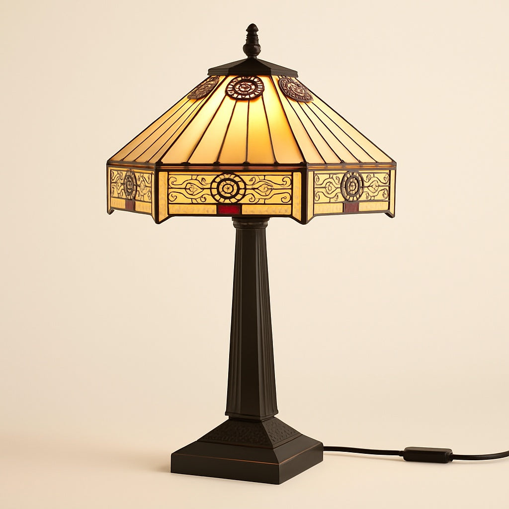 Lampe Tiffany Vitrail Géométrique Dorée – Pied Métal Noir