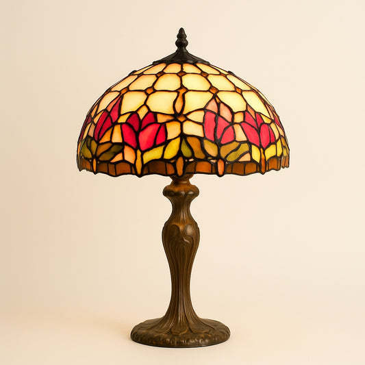 Lampe Tiffany Tulipe Royale en Vitrail Rouge et Or