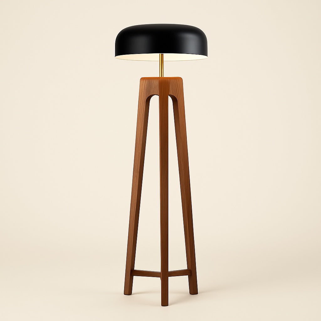 Lampadaire en Bois Massif et Abat-jour Métallique Noir