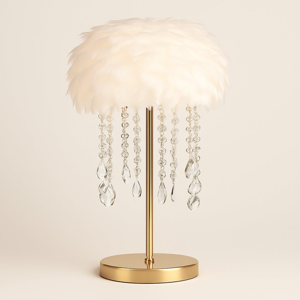 Lampe de chevet plumes et cristaux – Ambiance douce