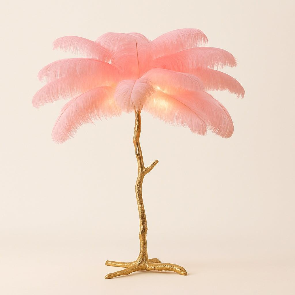 Lampe à Plumes d'Autruche – Pied Doré Décoratif