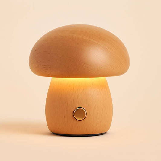 Lampe de Chevet Champignon en Bois avec Variateur Tactile