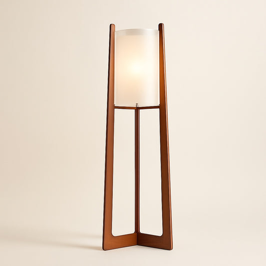 Lampadaire en Bois au Abat-jour Cylindrique Textile