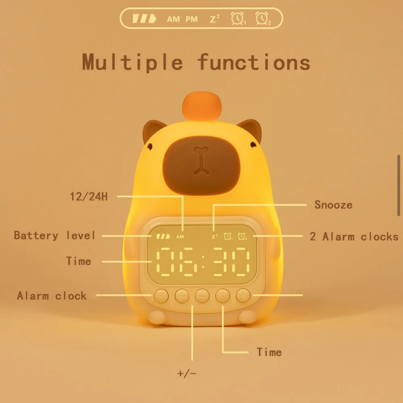 Réveil Veilleuse Enfant Capybara en Silicone