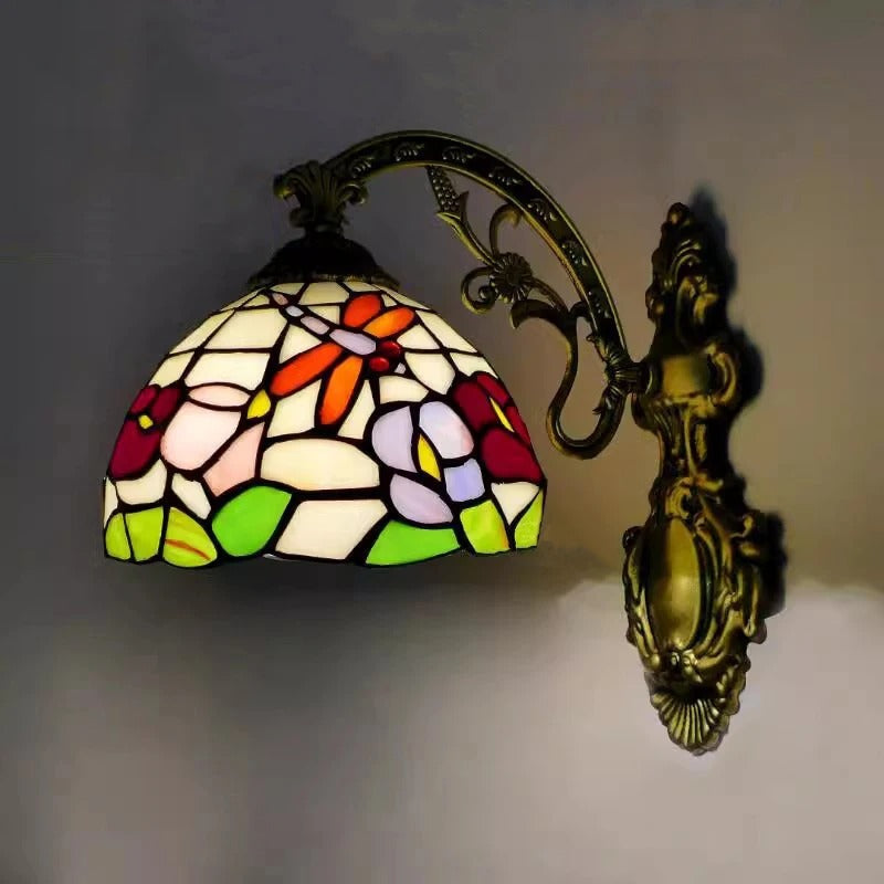 Applique Murale Tiffany Libellule et Fleurs en Vitrail
